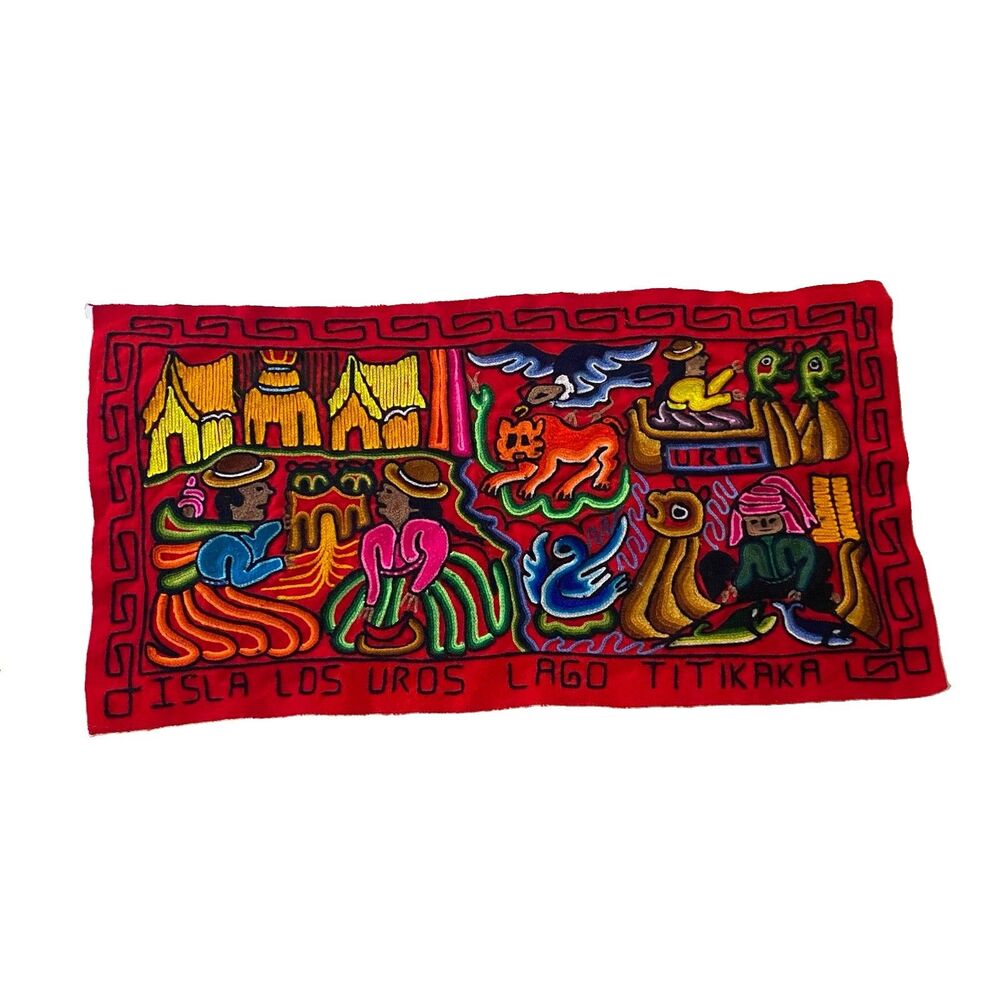 Vintage Peruvian Folk Art Embroidery Isla Los Uros Lago Titicaca Textile Art